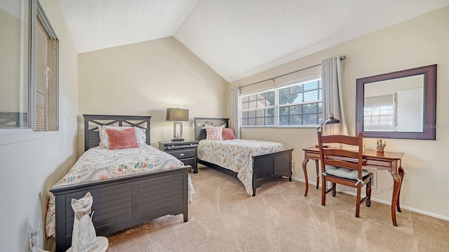 bedroom featuring light carpet, a textured ceiling, and vaulted ceiling