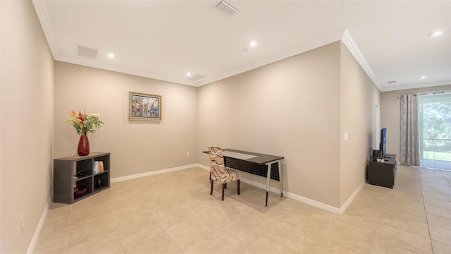 office space featuring visible vents, baseboards, crown molding, and recessed lighting