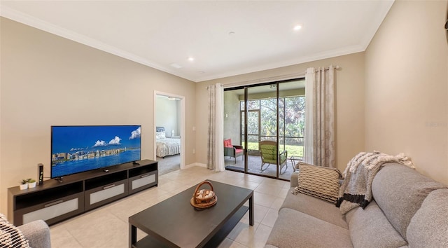 living area featuring baseboards, recessed lighting, light tile patterned flooring, and crown molding