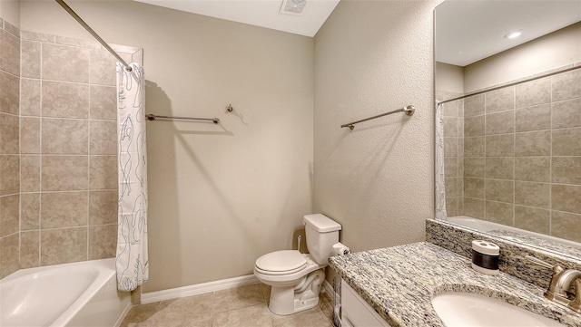 bathroom with shower / bath combo, visible vents, baseboards, toilet, and tile patterned flooring