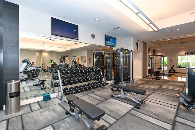 gym featuring visible vents and recessed lighting