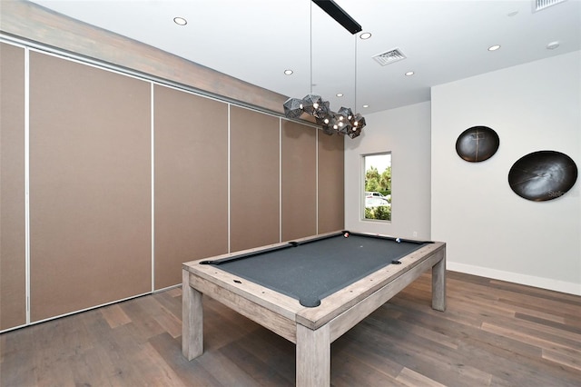 playroom featuring recessed lighting, visible vents, wood finished floors, billiards, and baseboards