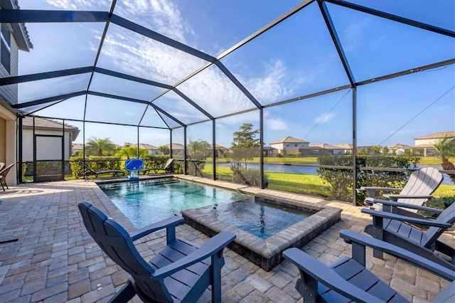 view of swimming pool featuring a lanai, a water view, and a patio