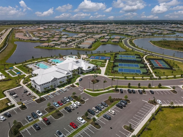 aerial view featuring a water view