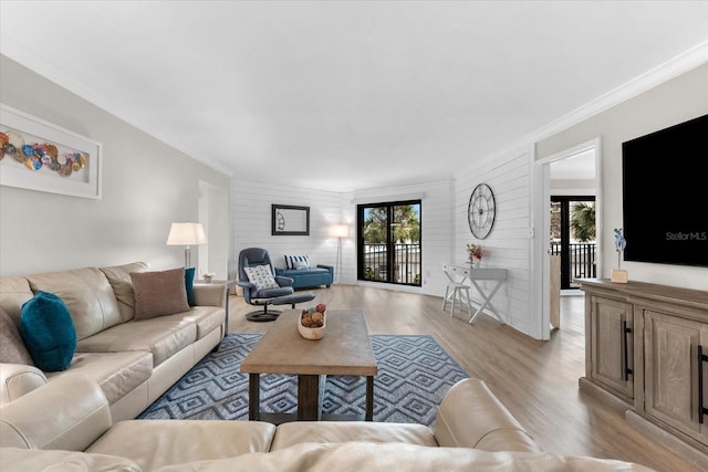 living room with crown molding and a healthy amount of sunlight