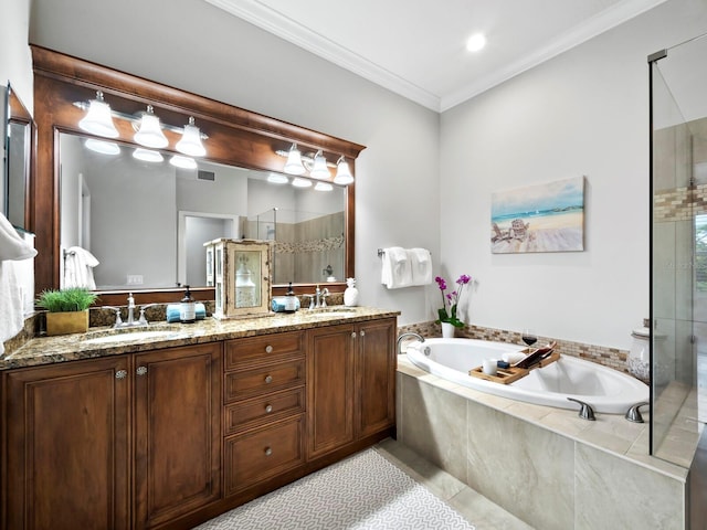 bathroom with crown molding, tile patterned flooring, vanity, and independent shower and bath