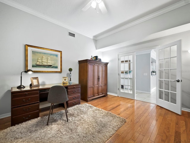 office area with ceiling fan, ornamental molding, light hardwood / wood-style flooring, and french doors