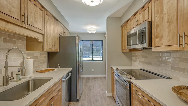 kitchen featuring backsplash, stainless steel appliances, light hardwood / wood-style floors, and sink