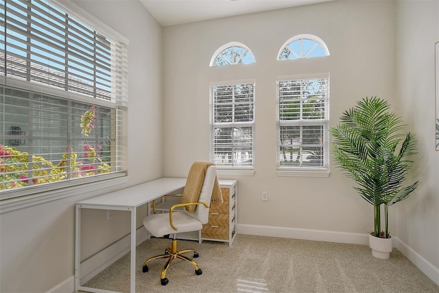 office space featuring plenty of natural light and light colored carpet