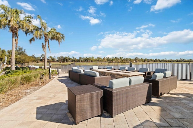 view of patio featuring a water view