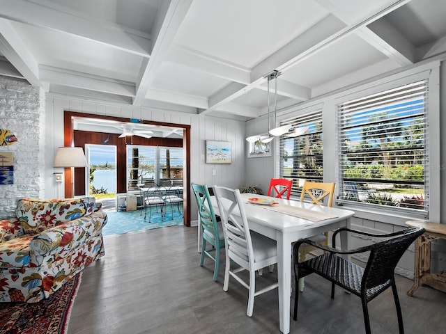 1620 Casey Key Rd, Nokomis, FL 34275 - dining space featuring plenty of natural light, coffered ceiling, wood finished floors, beam ceiling, and ceiling fan