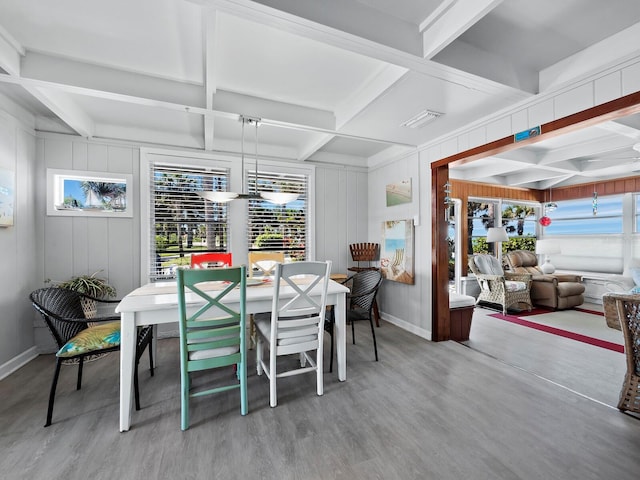 1620 Casey Key Rd, Nokomis, FL 34275 - dining area with wood finished floors, coffered ceiling, plenty of natural light, and beamed ceiling