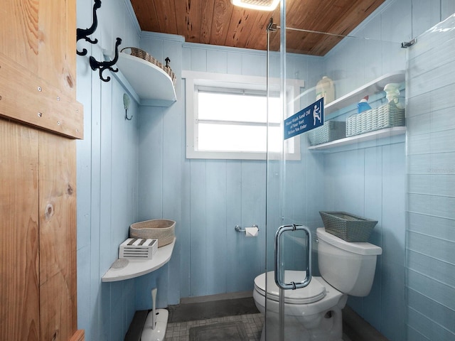 bathroom with wood walls, toilet, and wooden ceiling