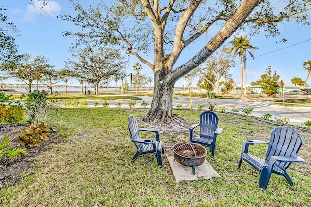 view of yard with a fire pit