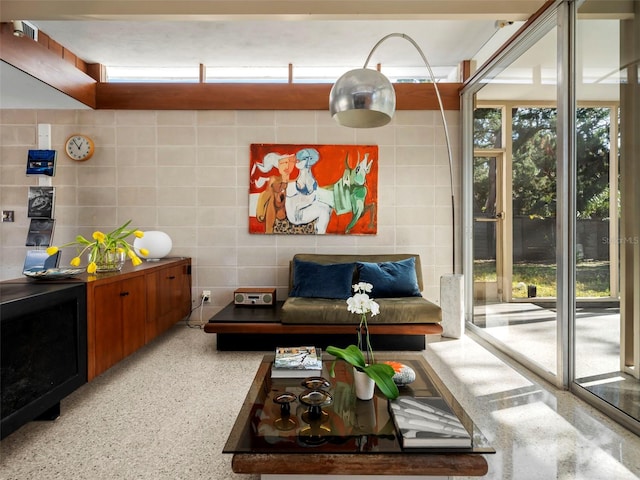 living room with plenty of natural light and tile walls