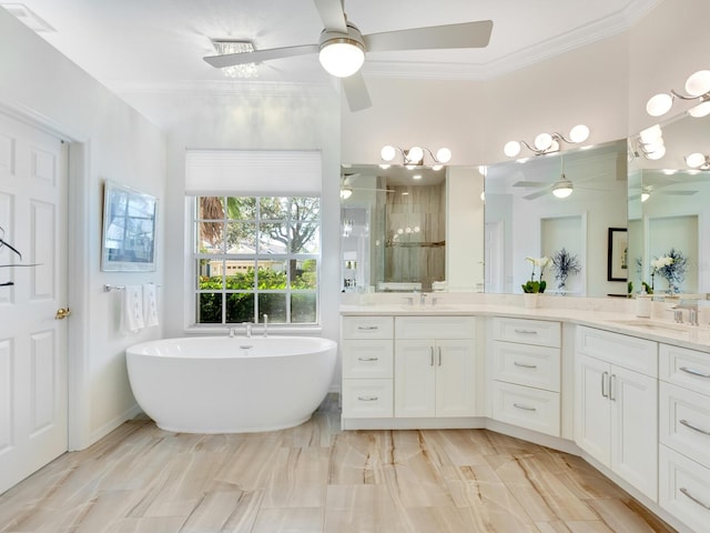 bathroom featuring vanity, separate shower and tub, and crown molding