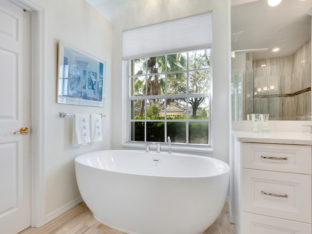 bathroom featuring vanity and independent shower and bath