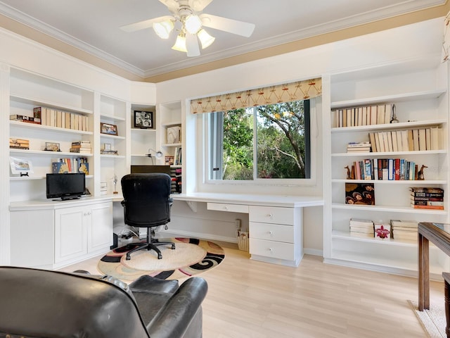 home office featuring built in desk, light hardwood / wood-style floors, ceiling fan, and crown molding