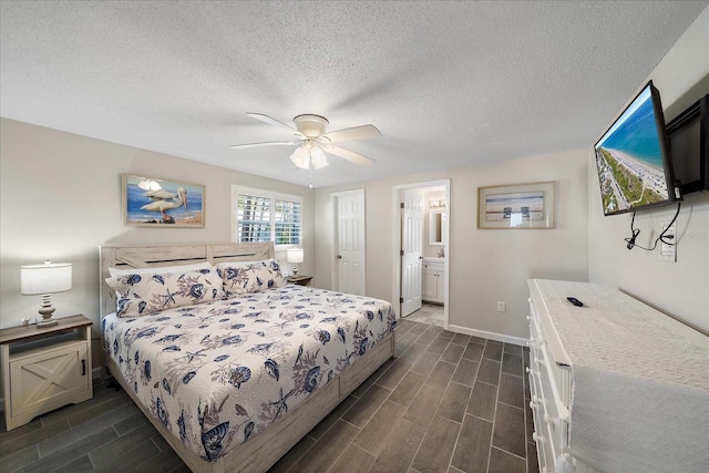 1123 Crescent St Unit 1123/1125, Sarasota, FL 34242 - bedroom with wood finish floors, baseboards, a textured ceiling, a ceiling fan, and ensuite bath