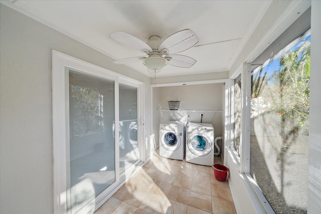 1123 Crescent St Unit 1123/1125, Sarasota, FL 34242 - laundry area featuring washing machine and dryer, ceiling fan, and tile patterned floors