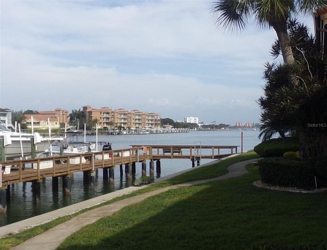 dock area with a water view and a yard