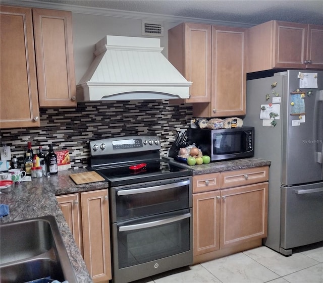 kitchen with backsplash, appliances with stainless steel finishes, ornamental molding, and custom exhaust hood