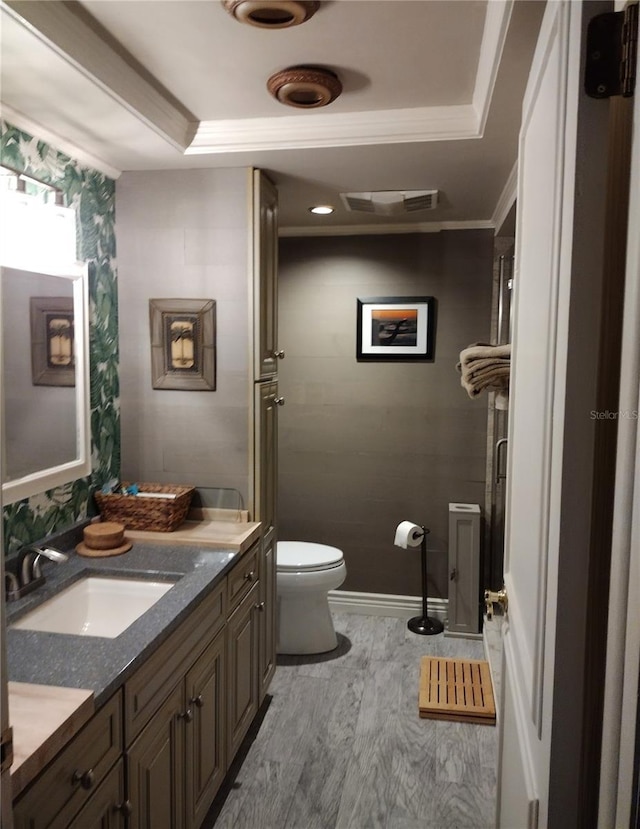 bathroom featuring vanity, crown molding, toilet, a tray ceiling, and wood-type flooring