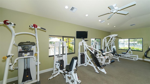 gym featuring lofted ceiling and ceiling fan