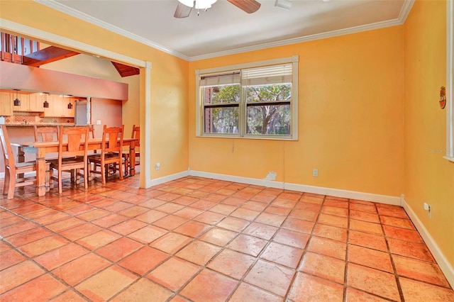 empty room with light tile patterned floors, ceiling fan, and ornamental molding