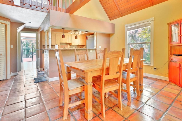 dining area featuring high vaulted ceiling, plenty of natural light, and wooden ceiling