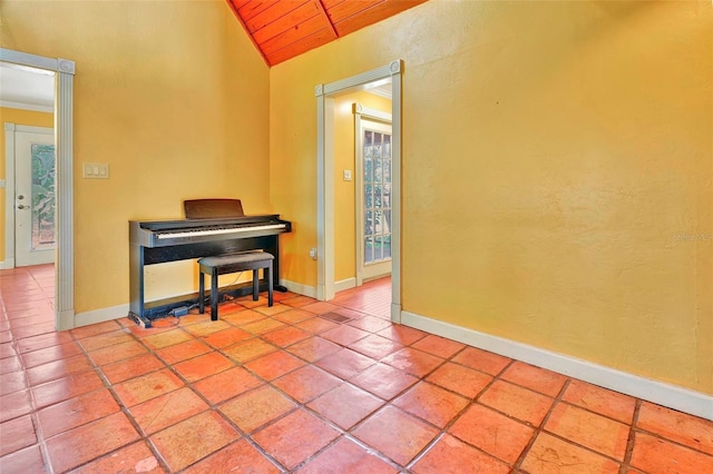 miscellaneous room with tile patterned flooring, vaulted ceiling, and wooden ceiling