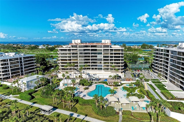 birds eye view of property featuring a water view