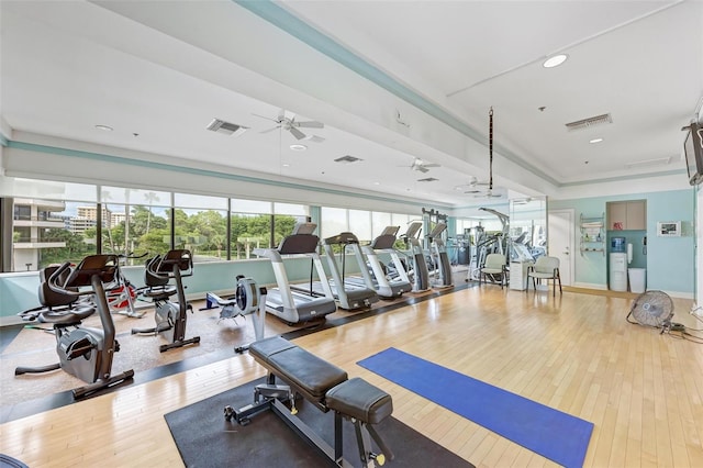 workout area with ceiling fan and wood-type flooring