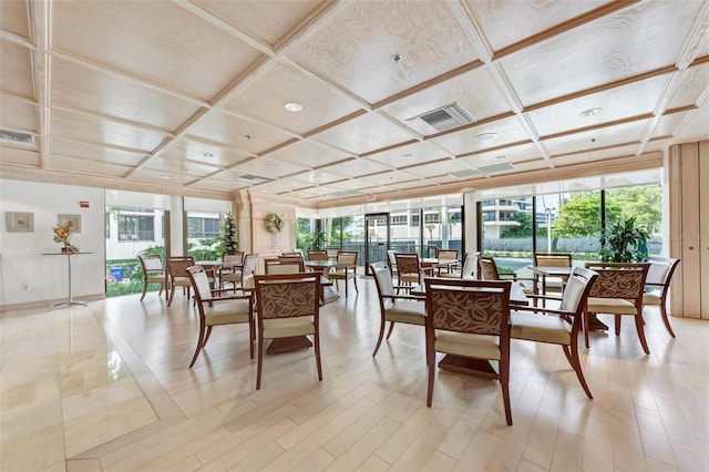 dining room with coffered ceiling