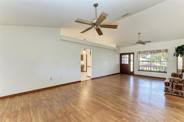 unfurnished living room featuring light hardwood / wood-style floors and ceiling fan