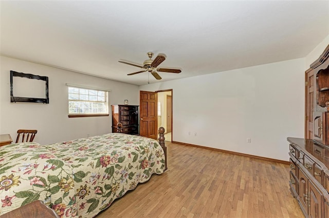 bedroom with ceiling fan and light hardwood / wood-style flooring