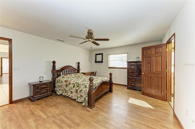 bedroom with ceiling fan and light hardwood / wood-style flooring