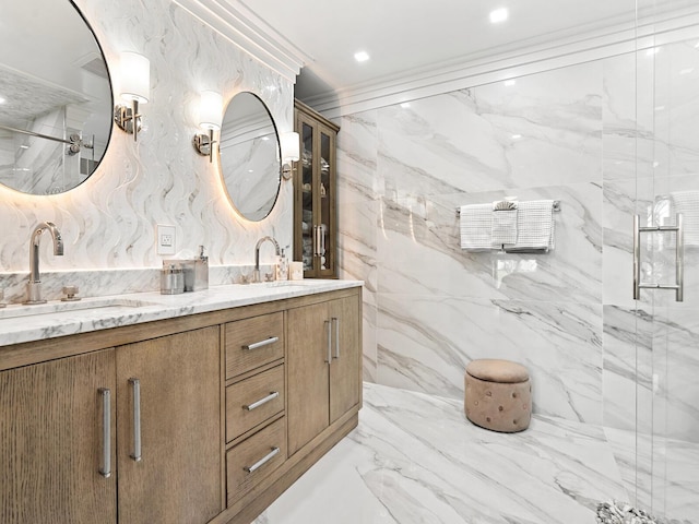 bathroom with crown molding, vanity, and walk in shower