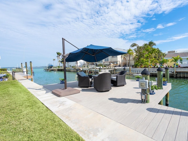 view of dock featuring a water view and a lawn