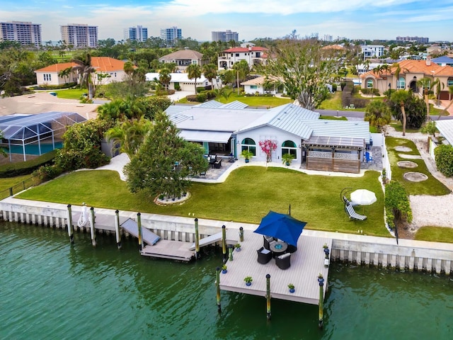 aerial view featuring a water view