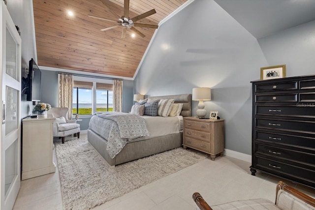 bedroom with ceiling fan, high vaulted ceiling, and wooden ceiling