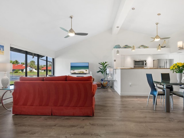 living room with dark wood-type flooring, high vaulted ceiling, ceiling fan, and beamed ceiling