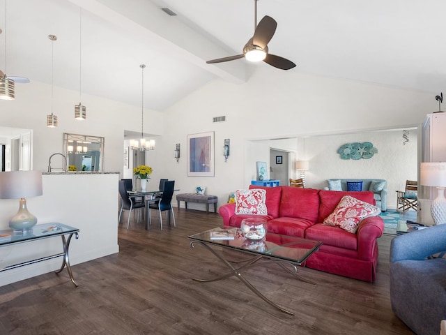 living room featuring ceiling fan with notable chandelier, high vaulted ceiling, dark wood-type flooring, and beam ceiling