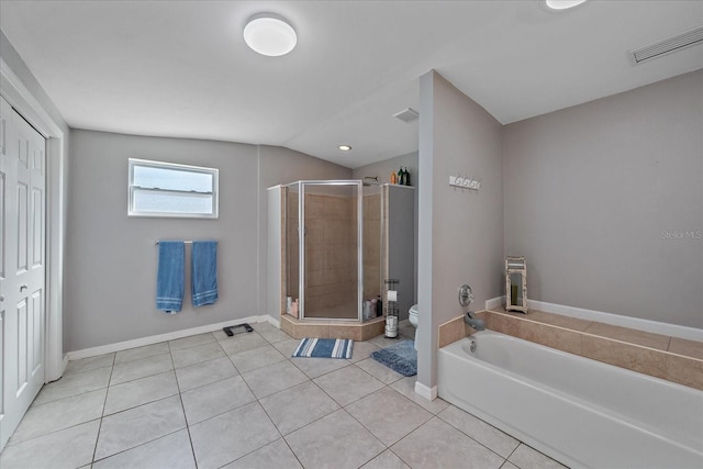 bathroom featuring tile patterned floors, plus walk in shower, vaulted ceiling, and toilet