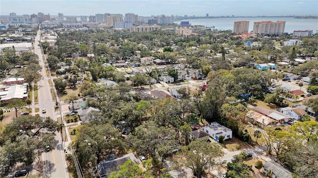 aerial view featuring a water view