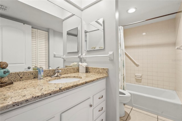 full bathroom featuring toilet, tile patterned flooring, shower / bathtub combination with curtain, and vanity