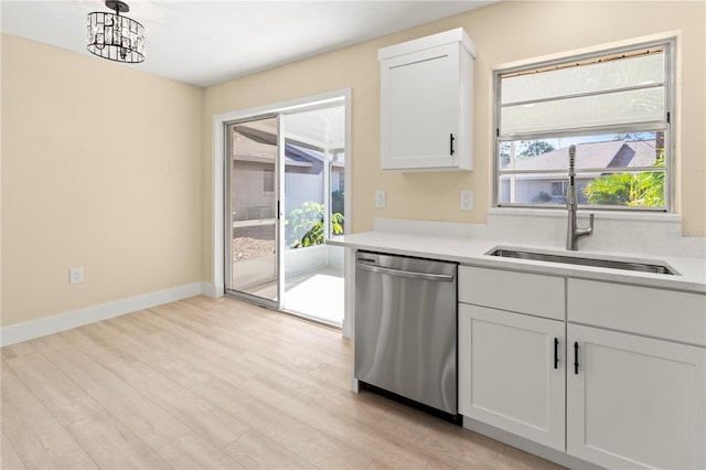 kitchen featuring pendant lighting, sink, stainless steel dishwasher, a healthy amount of sunlight, and white cabinetry