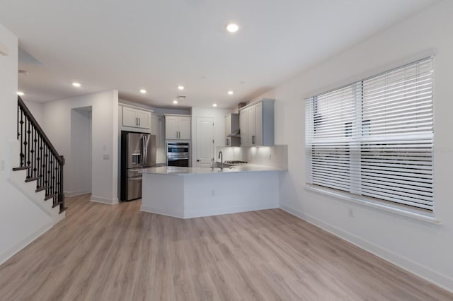 kitchen with sink, tasteful backsplash, appliances with stainless steel finishes, kitchen peninsula, and light hardwood / wood-style floors