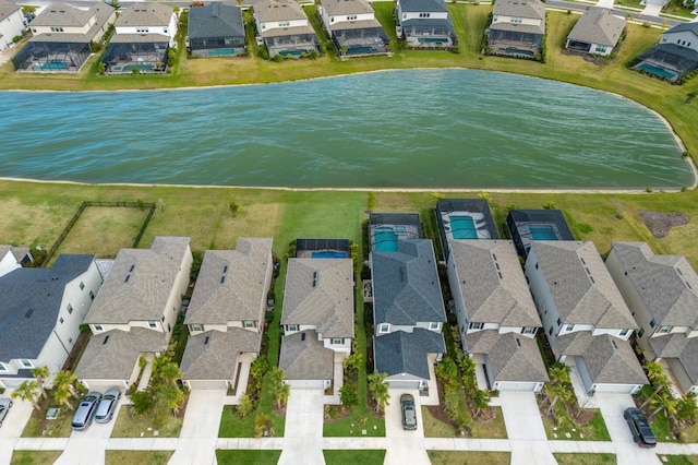 bird's eye view with a water view