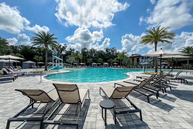 view of pool featuring a patio